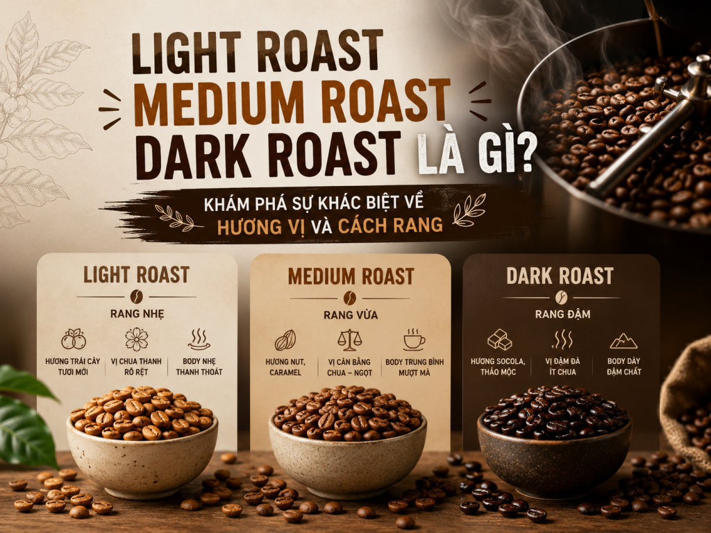 Light Roast Medium Roast Dark Roast Là Gì? Khám Phá Sự Khác Biệt Về Hương Vị Và Cách Rang