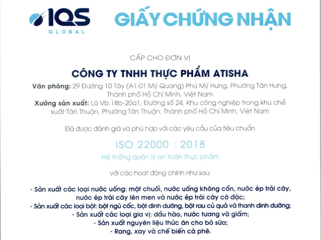 ATISHA Chính Thức Đạt Chứng Nhận ISO 22000:2018 Về An Toàn Thực Phẩm
