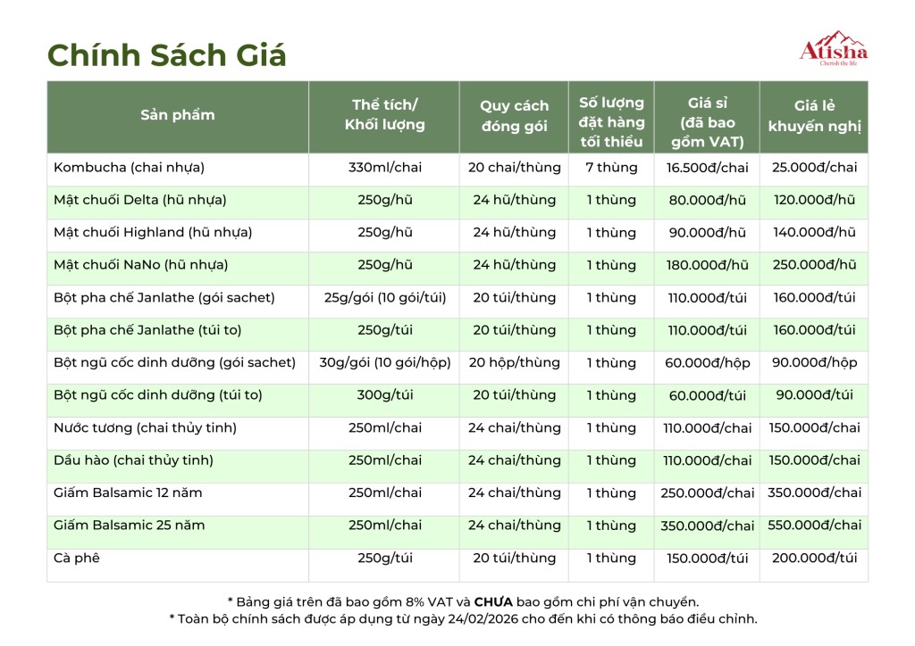 Chính sách giá đại lý tại Công ty TNHH Thực Phẩm Atisha áp dụng từ ngày 24/02/2026